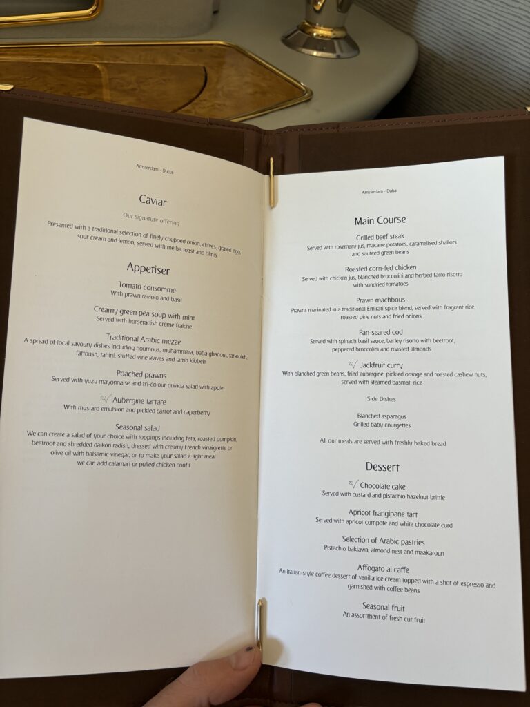 The menu of Emirates First Class Flight.