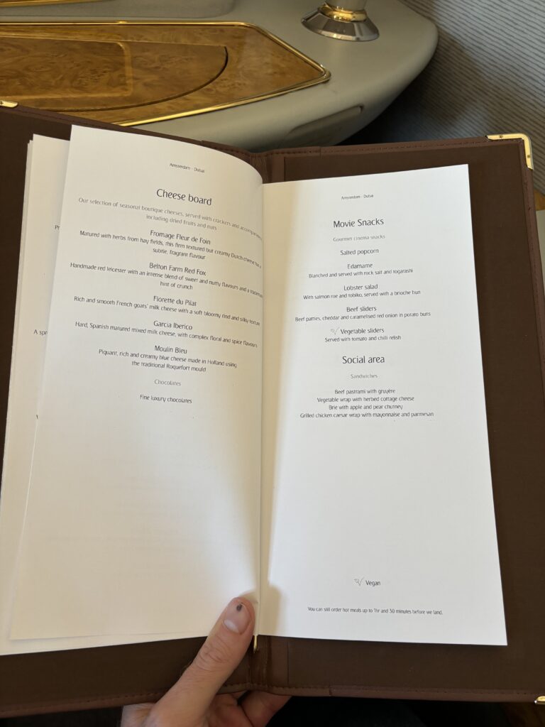 The menu of Emirates First Class Flight.