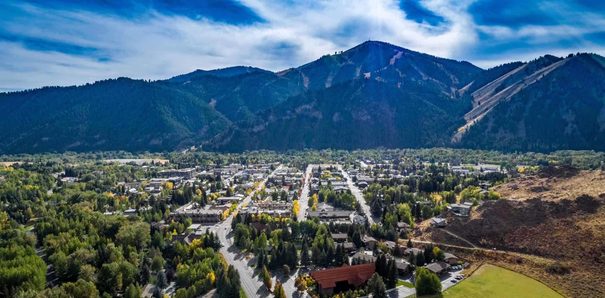 Sun Valley Idaho town with Bald Mountain in the background