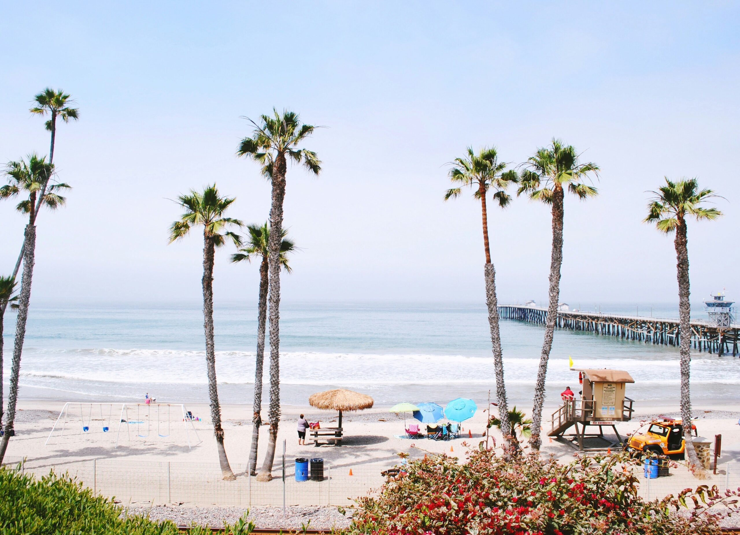 San Clemente beach with palm trees, lifeguard tower and pier in the background